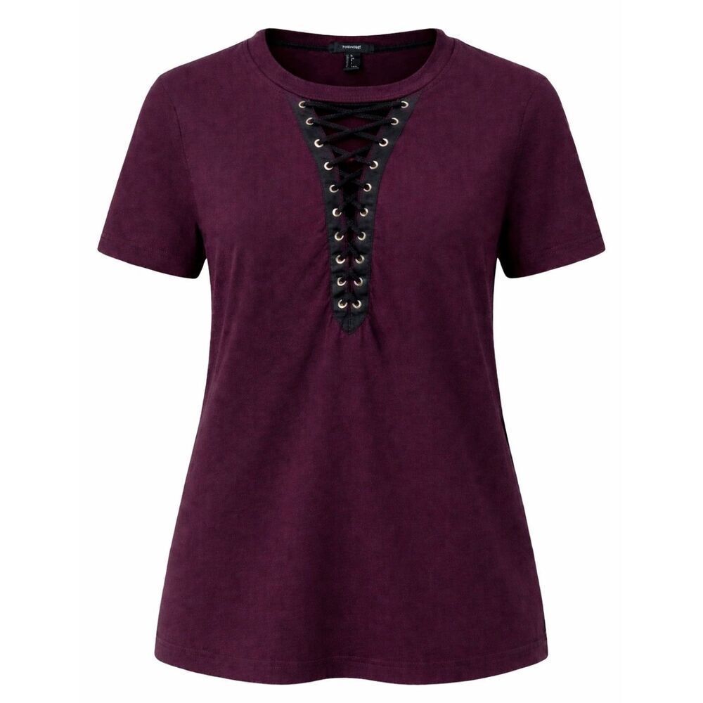 Forever 21 Lace Up Top Size S Maroon Short Sleeve Neck Cut Out T-Shirt Blouse